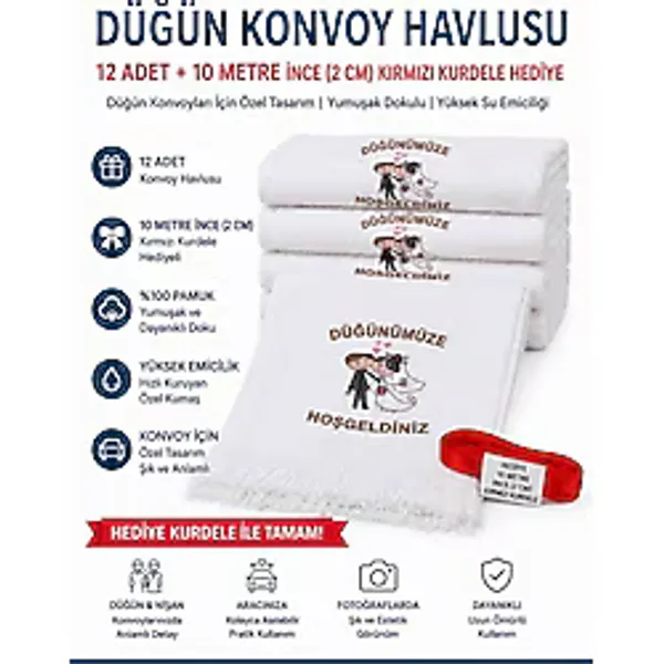 Öztürk Konsept Düğün Konvoy Havlusu Gelin Damat Yazılı 12 Adet - 2 cm x 10 Metre Kurdele Hediyeli - Araç Konvoy Süsü, Nikah ve Düğün Organizasyonu Nikah ,Kına ,Düğün Konvoy Havlusu - Beyaz