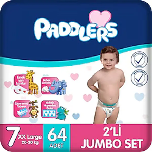 Paddlers 7 Numara XX-Large Bebek Bezi 64 Adet Bantlı Bez (20-30 Kg) Ekstra Yumuşak Jumbo Set
