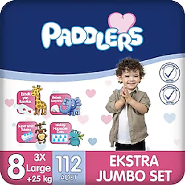 Paddlers 8 Numara Bebek Bezi (25+Kg) Ekstra Yumuşak Bantlı Bez 112 Adet Jumbo Set