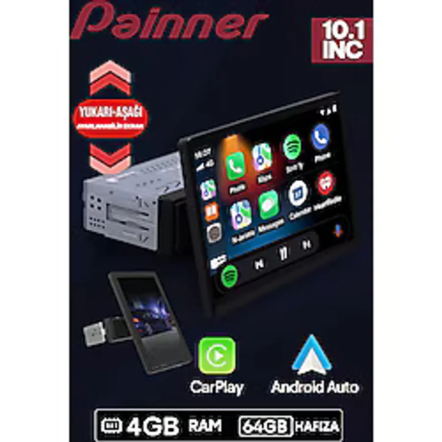 Painner P1003 10.1inç Dönen Ekran 4gb Ram 64gb Hafıza Android Tek Din Carplay Multimedya Teyp
