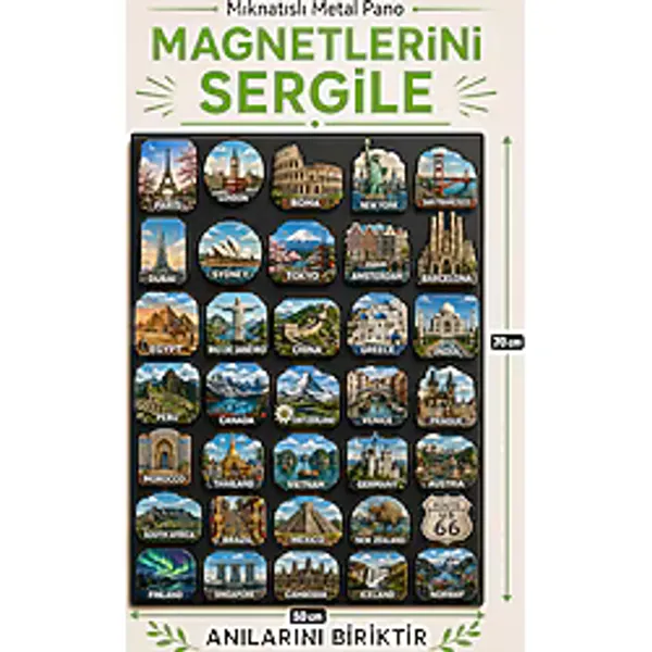 Palamar Dekoratif Metal Magnet Panosu - Duvara Monte Seyahat Anı ve Not Biriktirme Panosu (Mıknatıs Hediyeli) Farklı Boyutlarda Pano