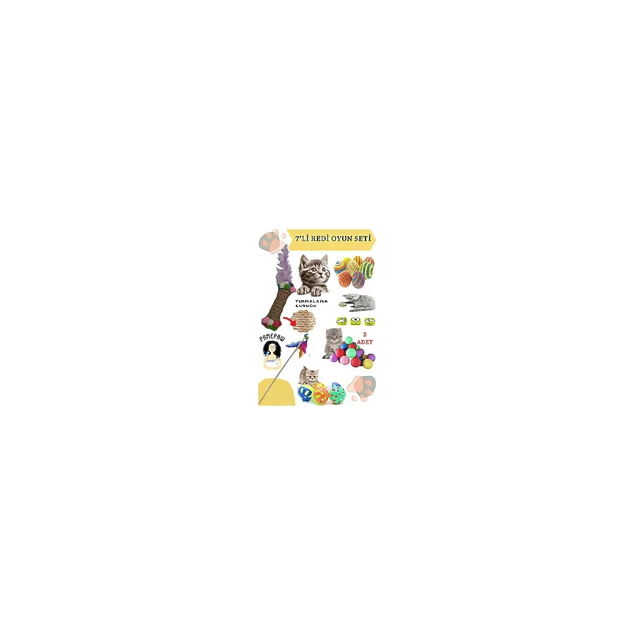 PAMEPAW 7'li Set : Kedi Tırmalama Çubuğu Oyuncak , Sarma Top , Olta , 3'lü Mini Top , Çıngıraklı Top