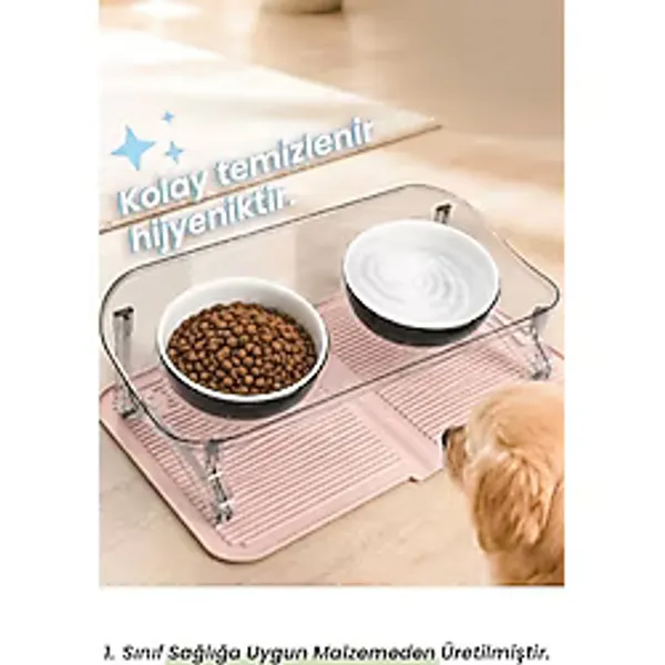 Pamit Toys Pamit Home Kedi Mama Kabı, Kedi Köpek Mama ve Su Kabı, Çift Kaseli 15° Eğimli Yükseltilmiş Mama Kabı - Şeffaf - Beyaz
