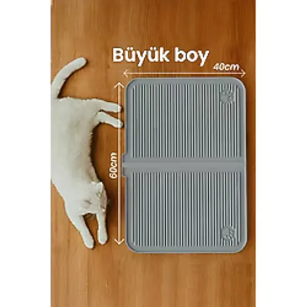 Pamit Toys Pamit Home Silikon Kum ve Mama Matı Havuzlu Yıkanabilir Kedi Tuvaleti Önü Kedi Kumu Paspası Büyük Boy 40X60 - Gri