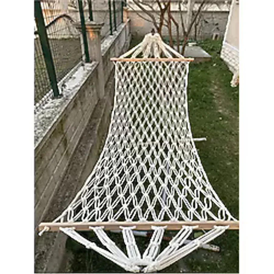 Pamuk Hamak Çift Makrome Örgülü Tek Kişilik Salıncak 10 Metre Bağlama İpi Dahil Konforlu 95x220 cm - Beyaz - Bej