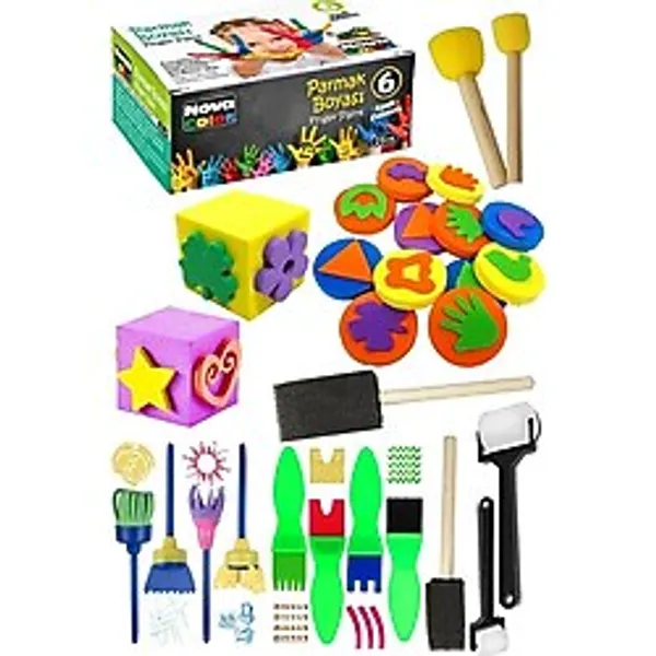 Parmak Boyası 6 Renk Nova Color Sünger Eva Baskı Damga Spatula Rulo Kesik Sünger Eva Okul Öncesi Etkinlik Seti