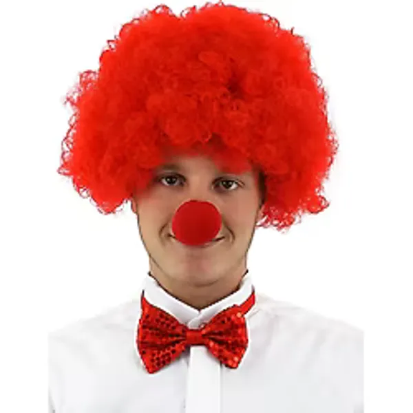Parti Aksesuar Kırmızı Renk Kıvırcık Afro Bonus Peruk Takma Saç Kırmızı Burun Seti