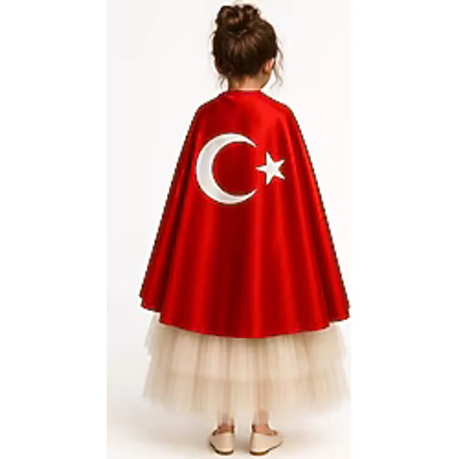Parti Kırtasiye Türk Bayraklı Kırmızı Pelerin 23 Nisan 29 Ekim 10 Kasım 19 Mayıs Gösteri Kıyafetleri - Beyaz - Kırmızı