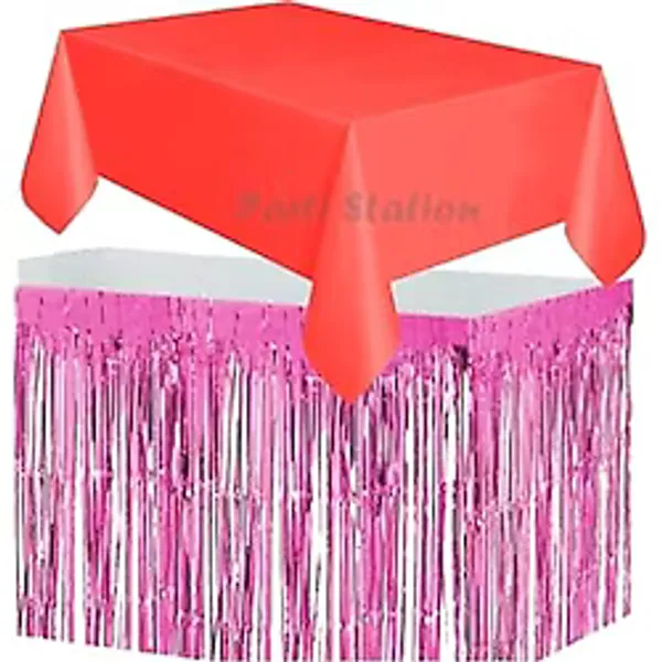 Parti Station Masa Örtüsü Ve Etek Set Plastik Pembe Renk Masa Örtüsü Kırmızı Renk Metalize Sarkıt Masa Eteği Set