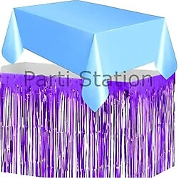 Parti Station Masa Örtüsü Ve Masa Eteği Set Plastik Mavi Renk Masa Örtüsü Mor Renk Metalize Masa Eteği Set