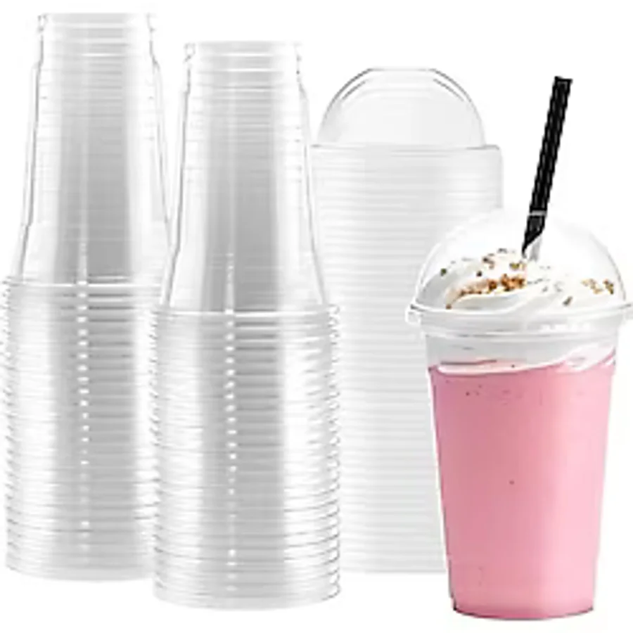 Parti Station Plastik Şeffaf Bardak Kapaklı Milkshake Bardağı Kahve Bardağı Soğuk Içecek Bardağı 400-450ml 50 Adet