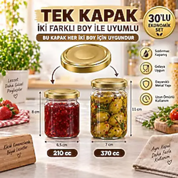 Paşabahçe 30 Adet Altın Renk Kavanoz Kapağı - 210 cc ve 370 cc Cam Kavanoz Uyumlu Vidalı Yedek Kapak - Altın - Gold