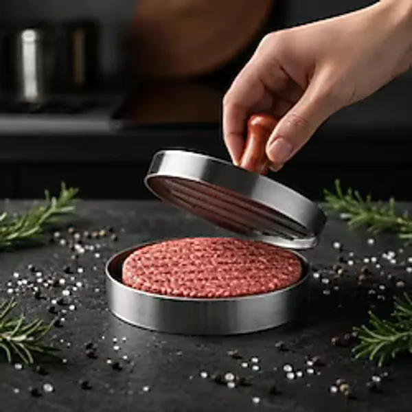 Paslanmaz Çelik Hamburger Köfte Presi 12 cm, Ahşap Saplı Oluklu Köfte Şekillendirme Kalıbı (12)