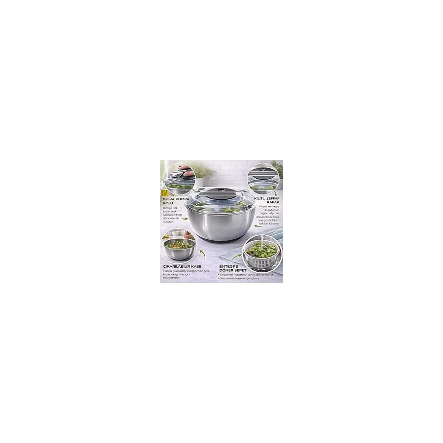 Paslanmaz Çelik Salata Kurutucu (Salad Spinner) - Kapaklı Süzgeç Sepetli, Kaymaz Taban, Hızlı Kurutma & Karıştırma Kasesi, Büyük Boy Mutfak Hazırlık Kabı - Kestane Akaju - Option-1