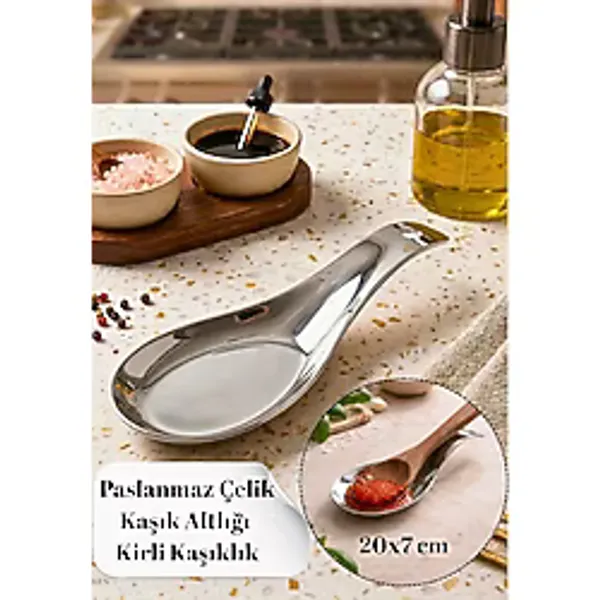 Paslanmaz Kaşık Altlığı 20X7 cm - Kirli Kaşıklık, Kepçe Altlığı, Tezgah Kaşık Tutucu