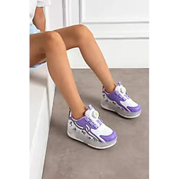 Patenli Işıklı Spor Ayakkabı Tekerekli Ayakkabı Paten Kaykay - Mor - 33