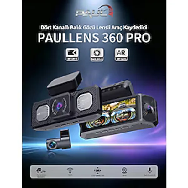 Paul Lens 360PRO 4K Yapay Zekalı 4 Göz Araç Kamerası, Ön Arka Plaka Okuma Sağ Sol Balık Gözü Geniş Açılı, Gps Harita, Adas, 5g Wi-Fi, Hız Göstergeli - Siyah