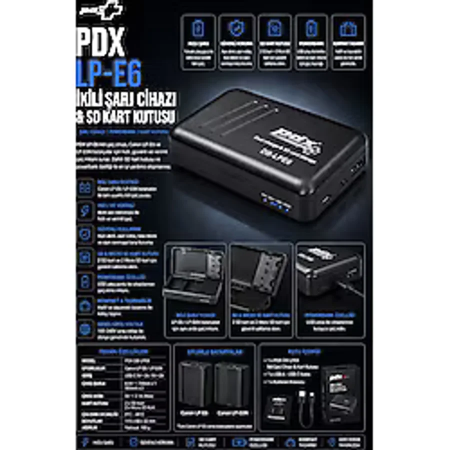 PDX Canon LP-E6 İkili Şarj Cihazı ve SD Kart Kutusu Powerbank