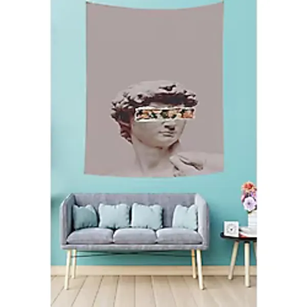 Pelangi Çiçekli Heykel Kafası Leke Tutmaz Kumaş Duvar Örtüsü Duvar Halısı Tapestry PNTR428, 100 x 140