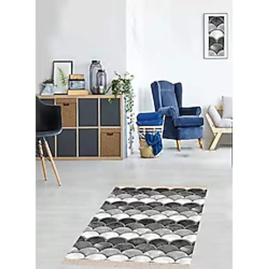 Pelangi Geometrik Desenli Dijital Baskı Yıkanabilir Kaymaz Taban Etnik Kilim Desen Salon, Gri - Beyaz 40 x 40
