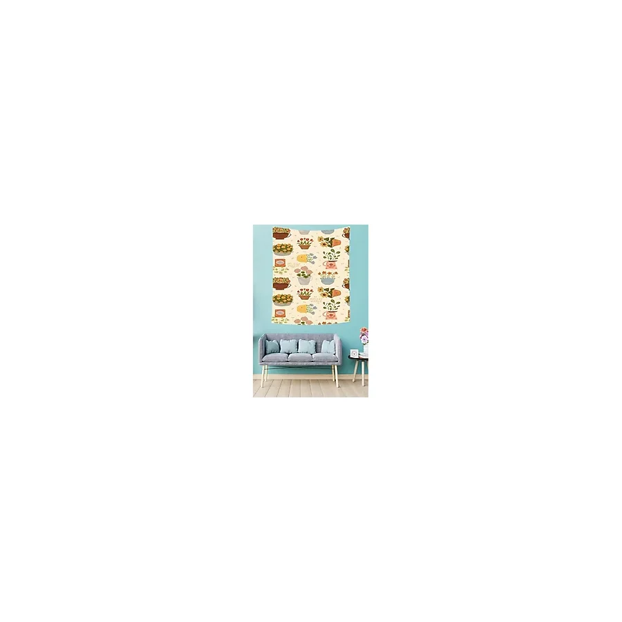 Pelangi Renkli Saksı Çiçekleri Leke Tutmaz Kumaş Duvar Örtüsü Duvar Halısı Tapestry PNTR308, 140 x 140