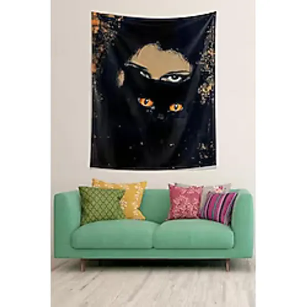 Pelangi Siyah Kedi Arkasındaki Kadın Gözleri Desenli Leke Tutmaz Kumaş Duvar Örtüsü Duvar Halısı Tapestry PNTR520, 70 x 100