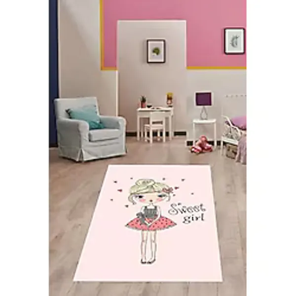 Pelangi Sweet Girl Kız Desenli Dijital Baskı Yıkanabilir Kaymaz Taban Çocuk Genç Odası Halısı, Açık Pembe 100 x 600