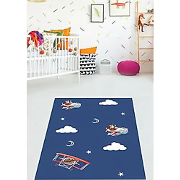 Pelangi Uçak Teyyare Bulut Desenli Halı Dijital Baskı Yıkanabilir Kaymaz Taban Erkek Çocuk Odası Halısı, Lacivert 80 x 350
