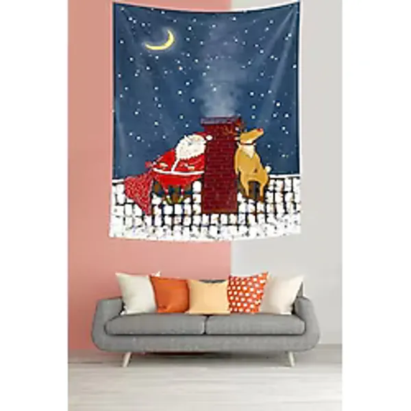 Pelangi Yılbaşı Gecesi Geyik Ve Noel Baba Leke Tutmaz Kumaş Duvar Örtüsü Duvar Halısı Tapestry PNTR130, 70 x 70