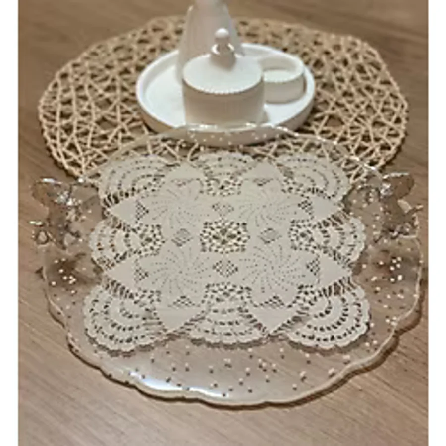Pelince Epoksi Reçine Nişan Tepsisi - Dantel ve Incili - Şahlanan At- Çapı: 30 cm - 30 x 30 cm
