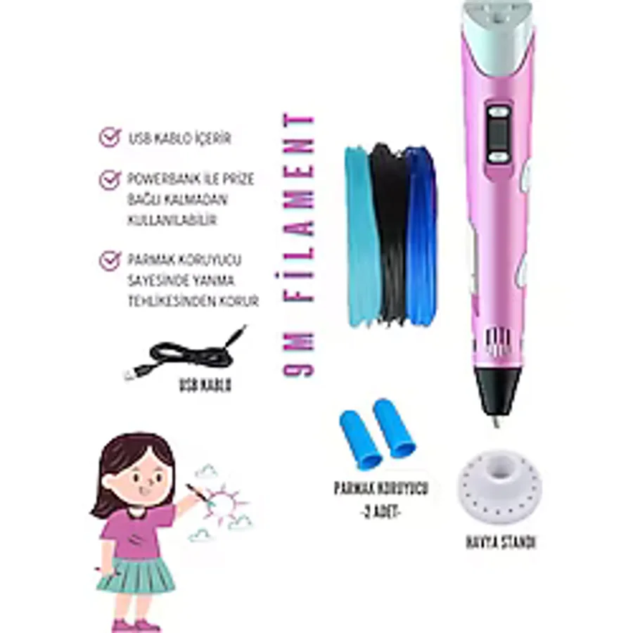 Pembe 3D Kalem 3D Pen Yazıcı Kalem - 3 Adet 3 Metrelik PLA Filament (Toplam 9M) + USB Kablo