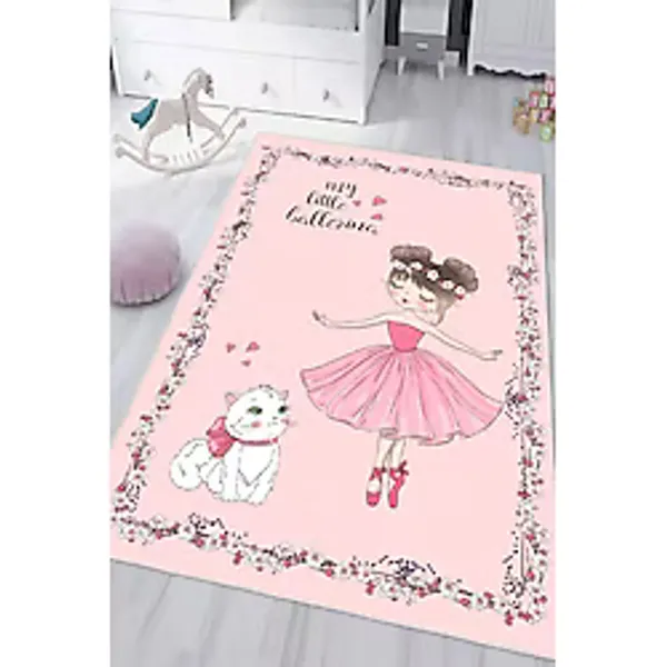Pembe Balerin Desenli Baskılı Yıkanabilir Kaymaz Kız Çocuk Odası Anaokulu Kreş Halısı