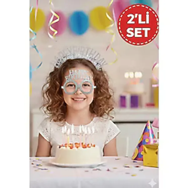 Pembe Happy Birthday Simli Doğum Günü Taç ve Gözlük Seti - 2'li Parti Aksesuarı Fotoğraf Konsepti