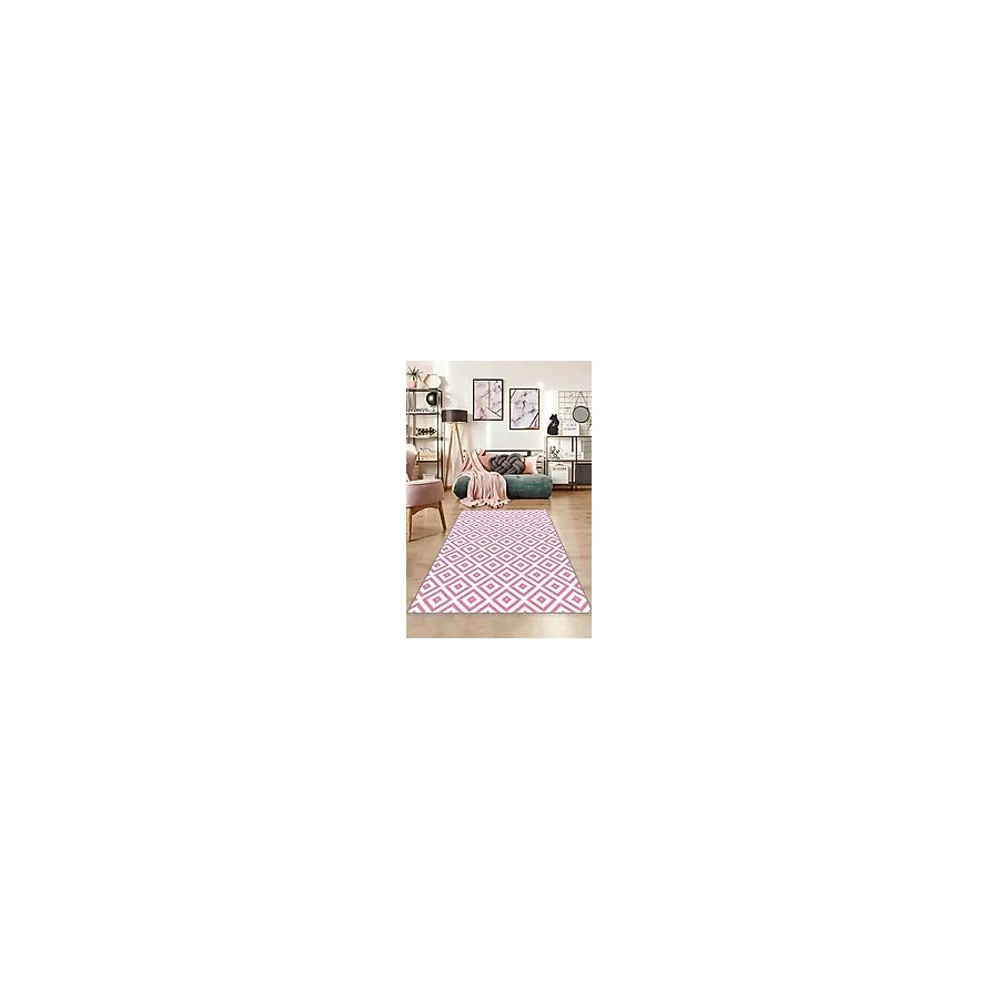 Pembe Karo Kaymaz Taban Makinede Yıkanabilir Halı KR008