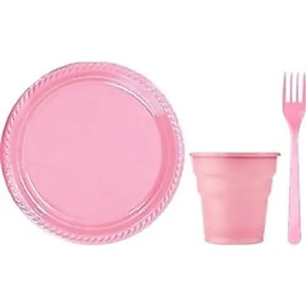 Pembe Renk Plastik Tabak, Bardak, Çatal Seti Parti Piknik Seti