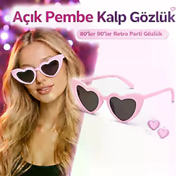 Pembe Retro Kalp Gözlük (80'ler 90'lar Stil Parti Gözlüğü)