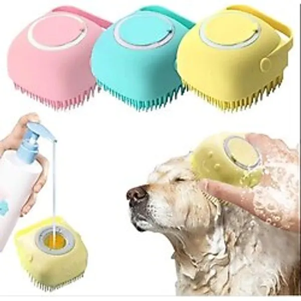 Pembe Şampuan Hazneli Kedi Köpek Yıkama Tarağı - Silikon Masajlı Evcil Hayvan Yıkama Fırçası - Tüy Temizleme Ve Banyo Aksesuarı