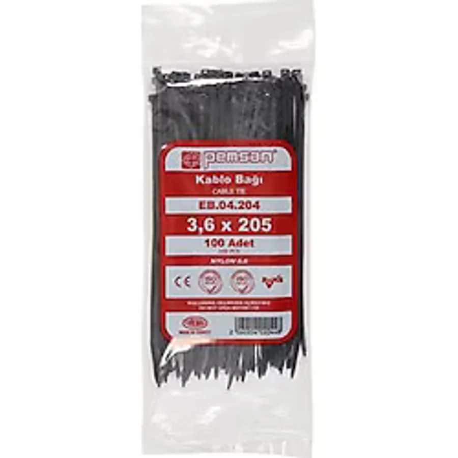 Pemsan 3.6X205 Plastik Cırt Kelepçe Kablo Bağı Siyah 100'Lu Paket