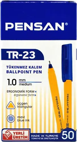 Pensan TR-23 Üçgen Gövde 1.0 mm 50'li Kutu Mavi Tükenmez Kalem