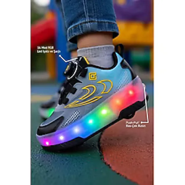 Pepino Erkek Çocuk Şarj Edilebilir 16 MOD RGB LED Işıklı Tekerlekli PATEN Ayakkabı Bas-Çek Butonlu Siyah - Mavi