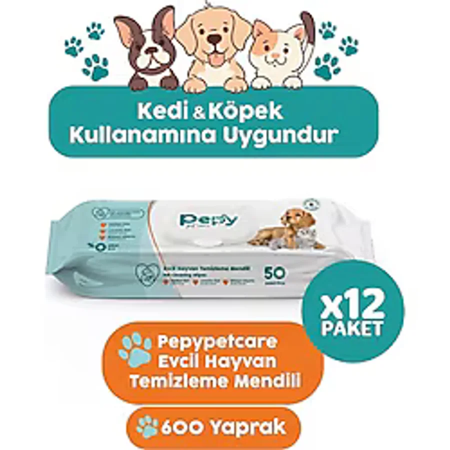 Pepy Kedi ve Köpek Kullanımına Uygun Evcil Hayvan Temizleme Mendili 12 Paket 600 Adet
