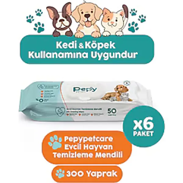 Pepy Kedi ve Köpek Kullanımına Uygun Evcil Hayvan Temizleme Mendili 6 Paket 300 Adet