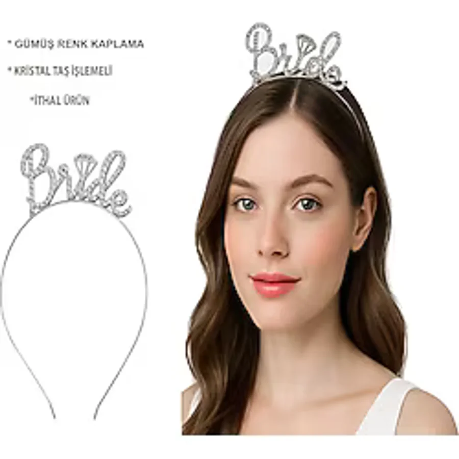 Periboia Gümüş Renkli Taşlı "Bride" Gelin Tacı