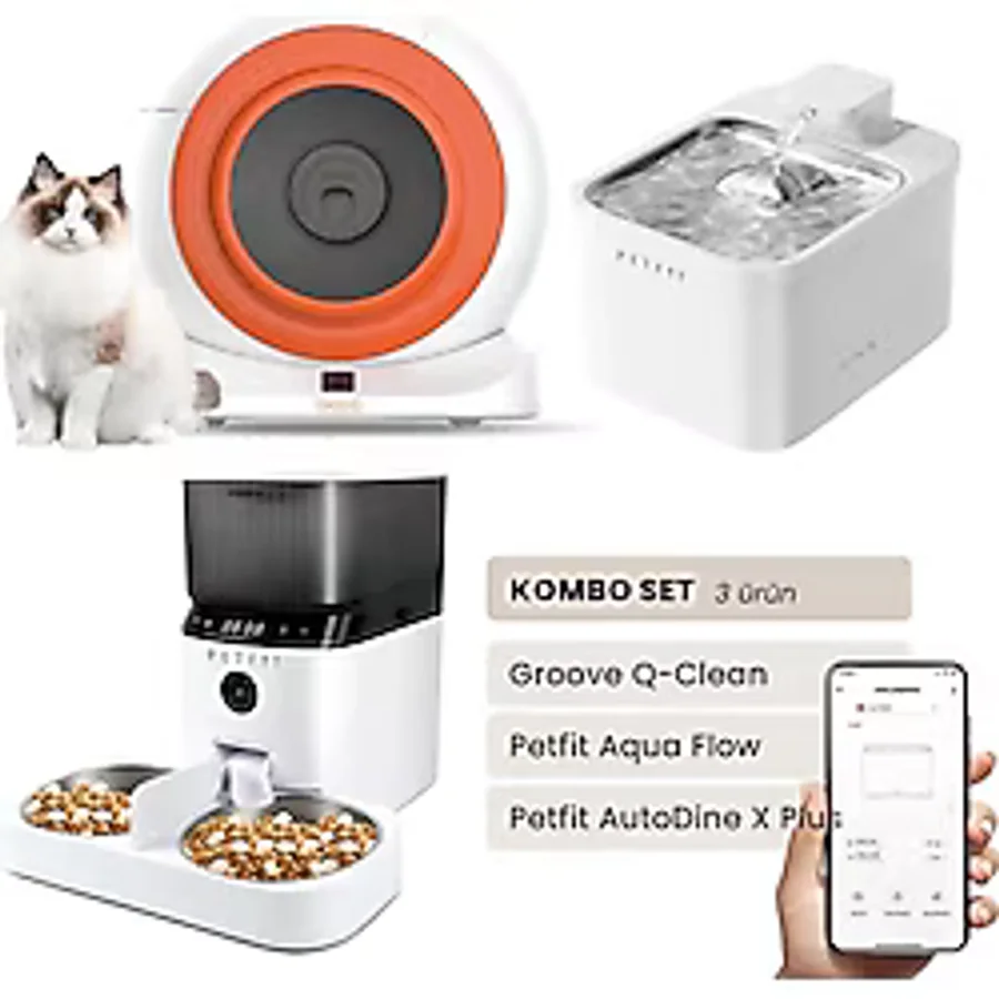 Petfit Groove Q-Clean Akıllı Otomatik Kedi Tuvaleti+ Aqua Flow Akıllı Su Pınarı+ Autodinex Plus Mama Kabı