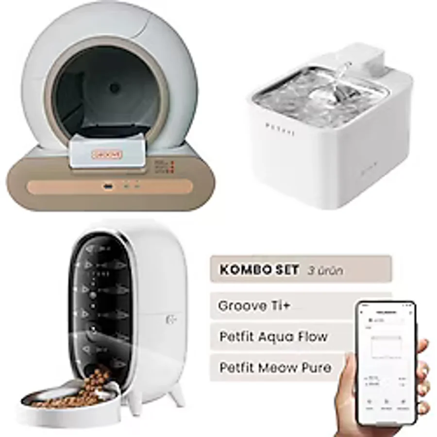 Petfit Groove Ti+ Akıllı Otomatik Kedi Tuvaleti+ Aqua Flow Akıllı Su Pınarı+ Meow Pure Akıllı Mama Kabı