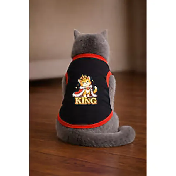petite pati Siyah king Cat Baskili Kedi Tshirt Beden L kedi kiyafeti (%100 pamuk penye)