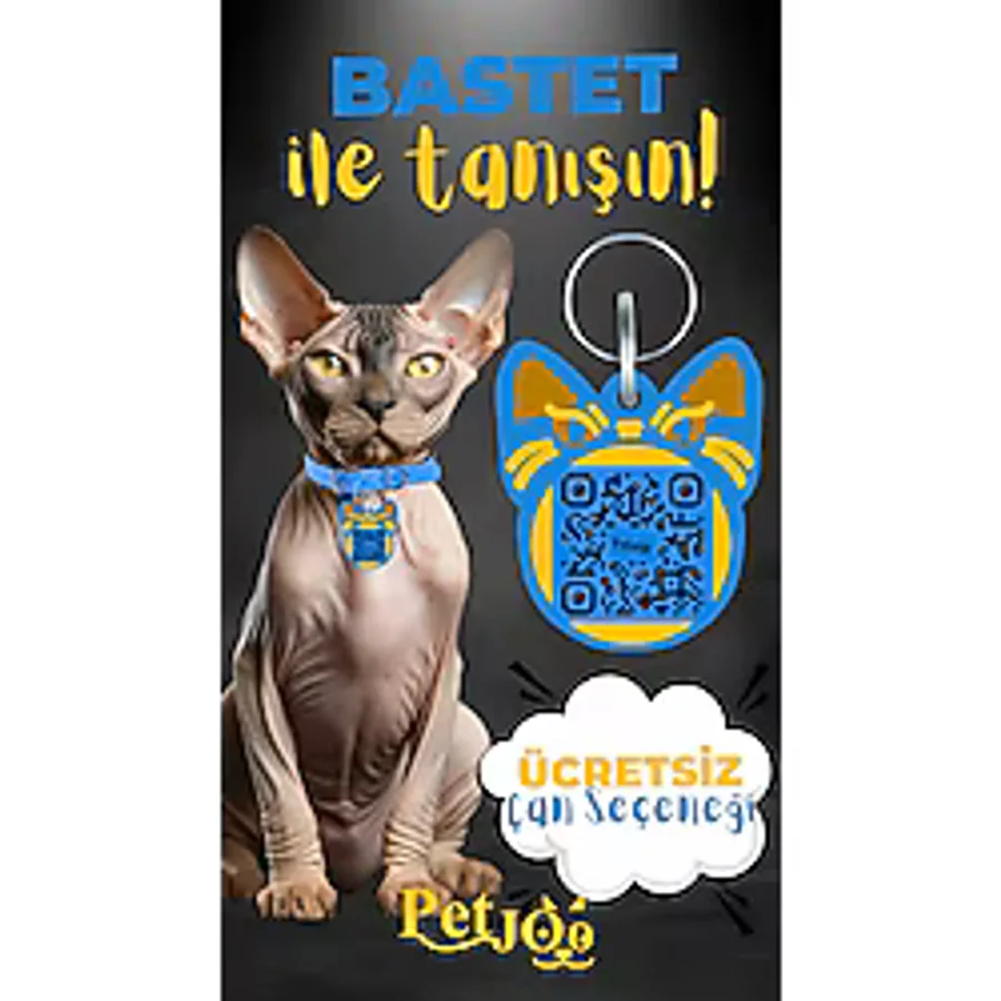 Petjoo 1.Bastet Mavi-Sarı Qr'lı Kedi Künyesi