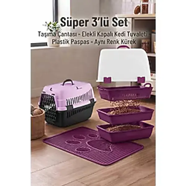 Petozi Elekli Kedi Tuvaleti Başlangıç Seti 3 'lü Set - Fuşya