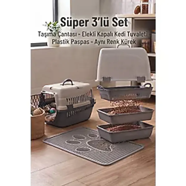Petozi Elekli Kedi Tuvaleti Başlangıç Seti 3 'lü Set - Gri