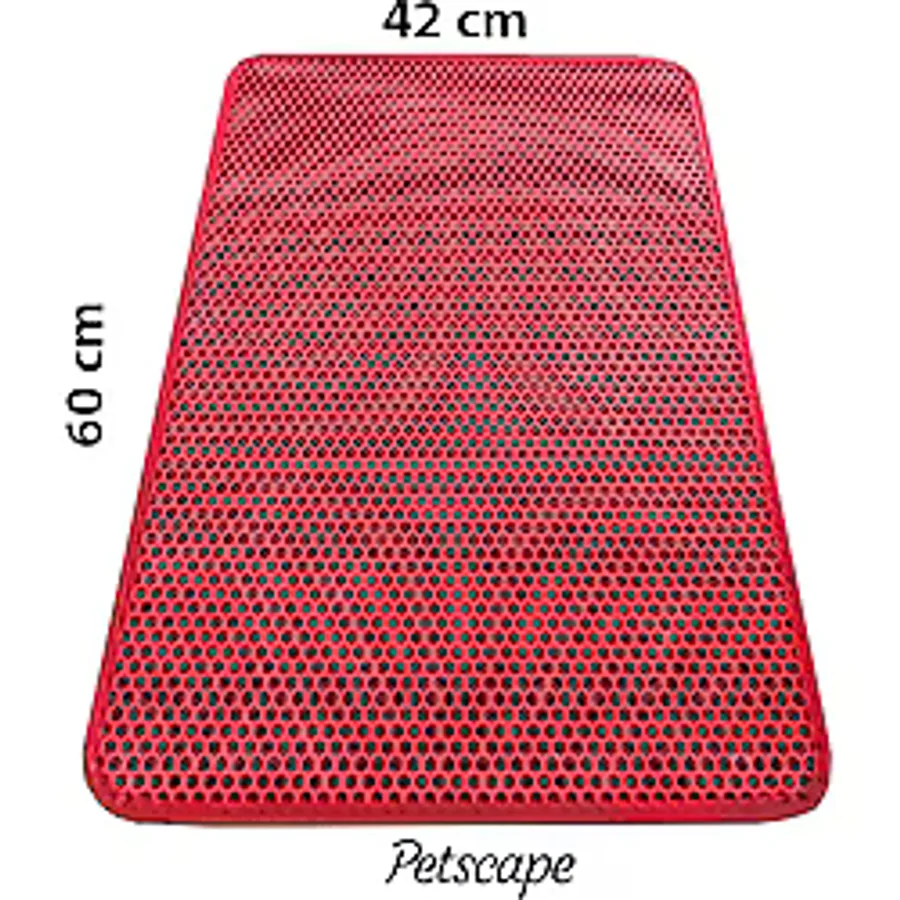 Petscape Elekli Kedi Tuvaleti Önü Paspası - Kedi Kumu Toplayıcı - Çift Katmanlı Sert Plastik 60x42cm -Kırmızı
